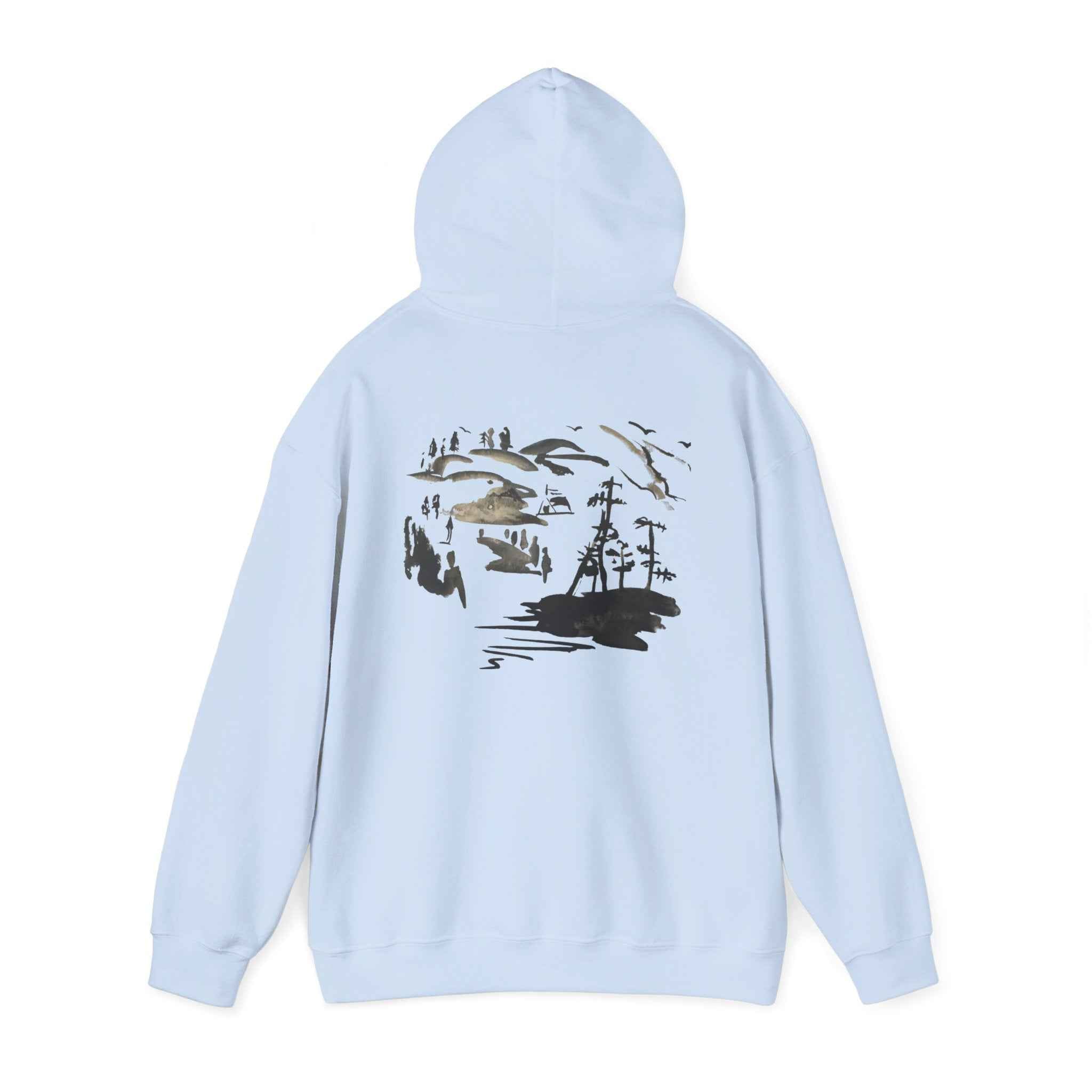 Scenic Ink Nature Hoodie — Minimal Lake & Mountains Graphic