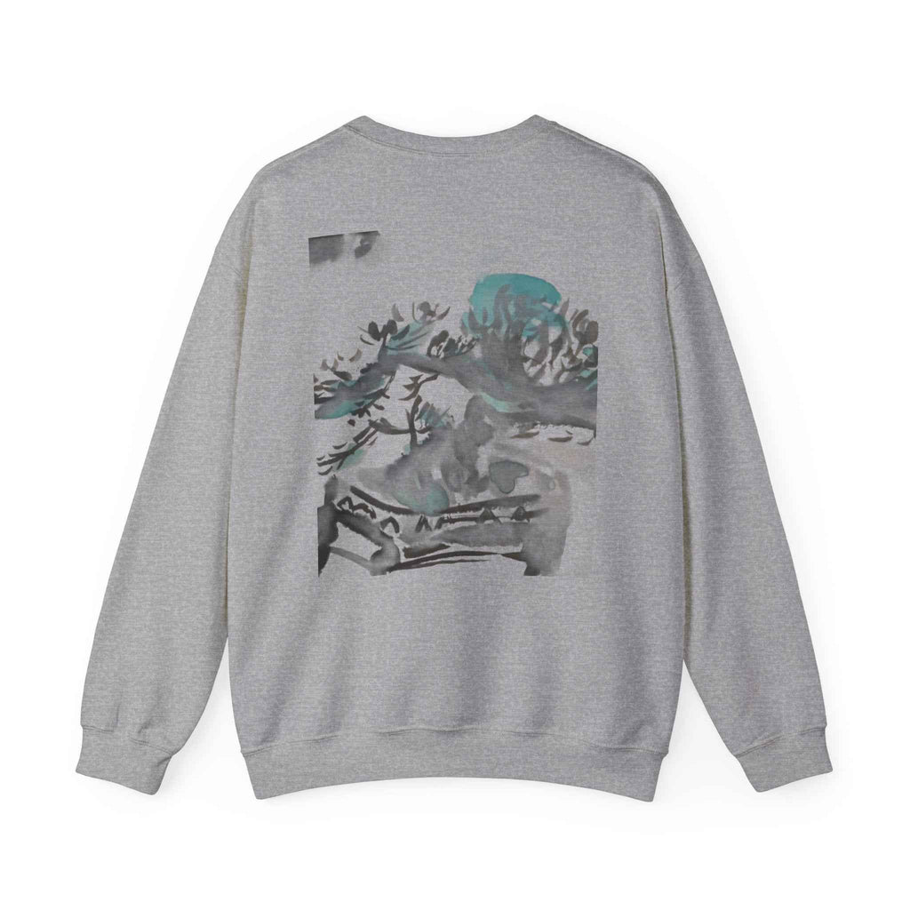 Crewneck Sweatshirt — Abstract Bonsai Ink Art Back Print, Minimal Chest Logo — NL