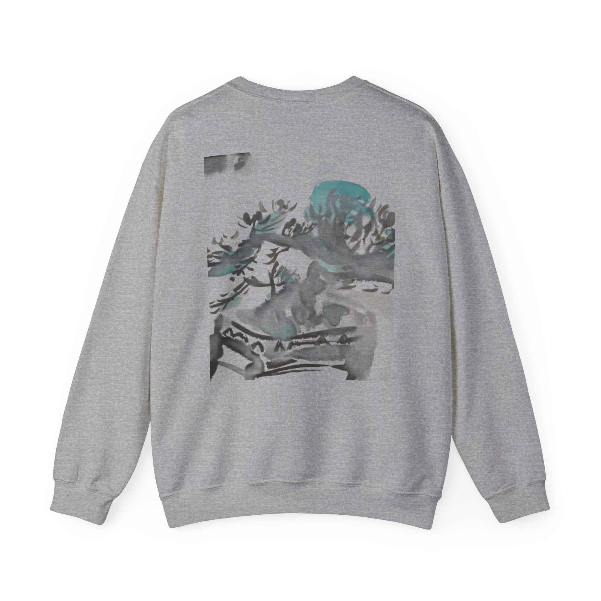 Crewneck Sweatshirt — Abstract Bonsai Ink Art Back Print, Minimal Chest Logo — NL