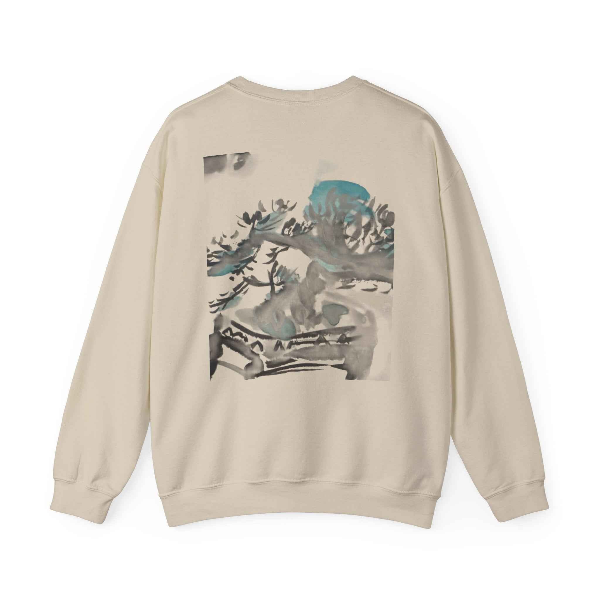 Crewneck Sweatshirt — Abstract Bonsai Ink Art Back Print, Minimal Chest Logo — NL