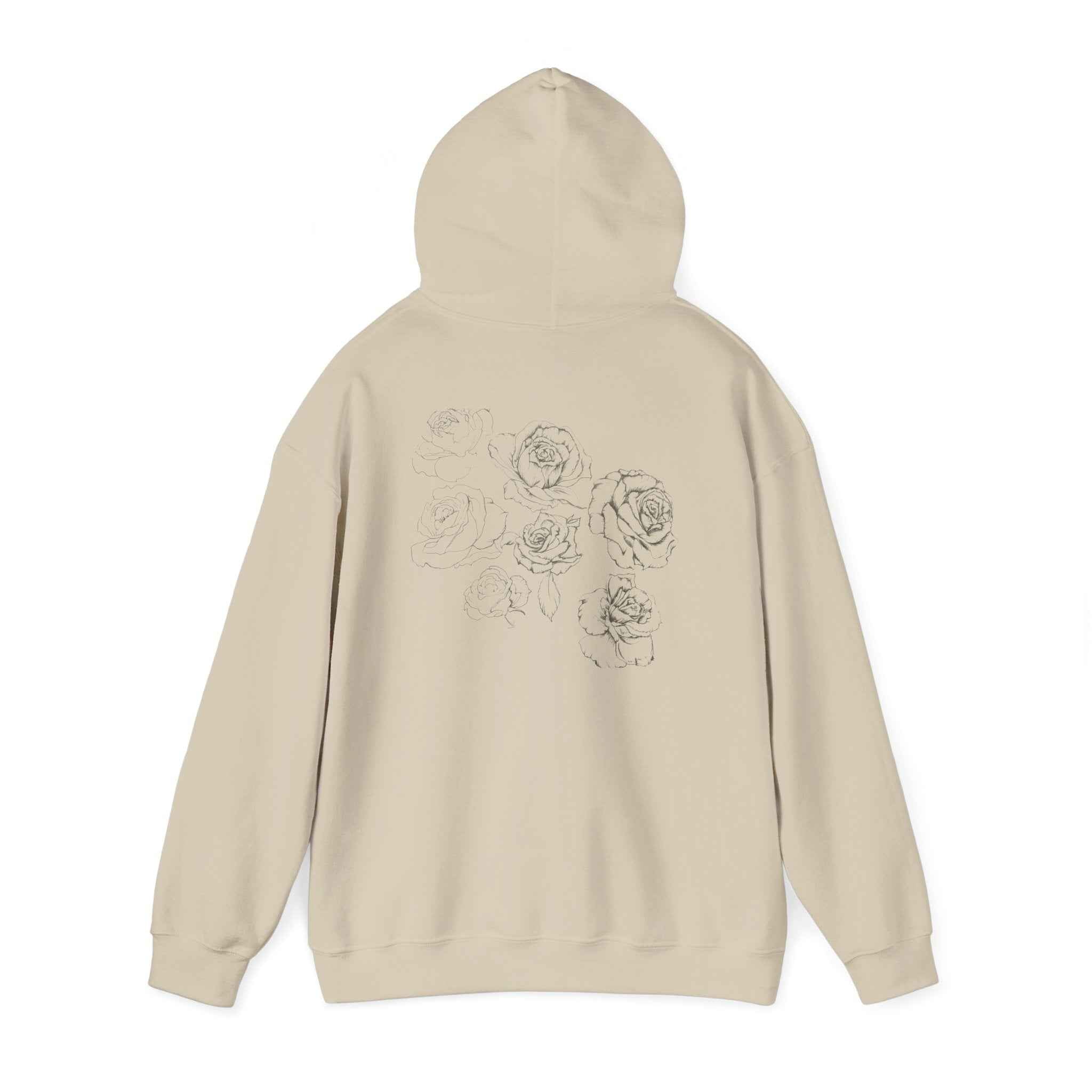 Floral Sketch Hoodie — Minimal Rose Back Print with Chest Logo — NL
