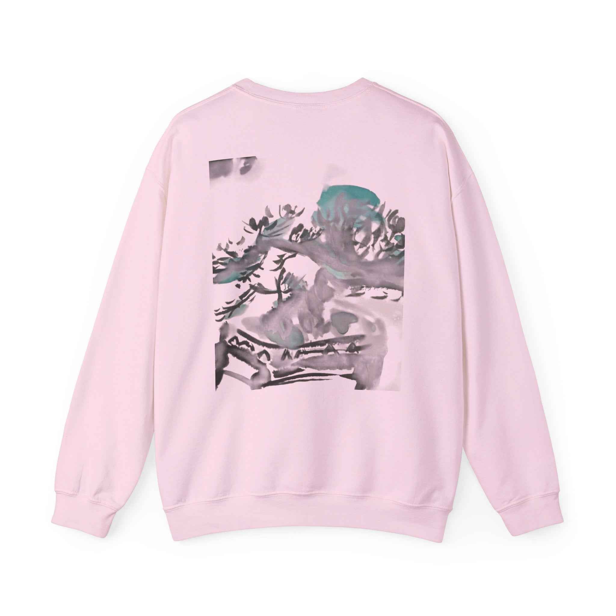 Crewneck Sweatshirt — Abstract Bonsai Ink Art Back Print, Minimal Chest Logo — NL
