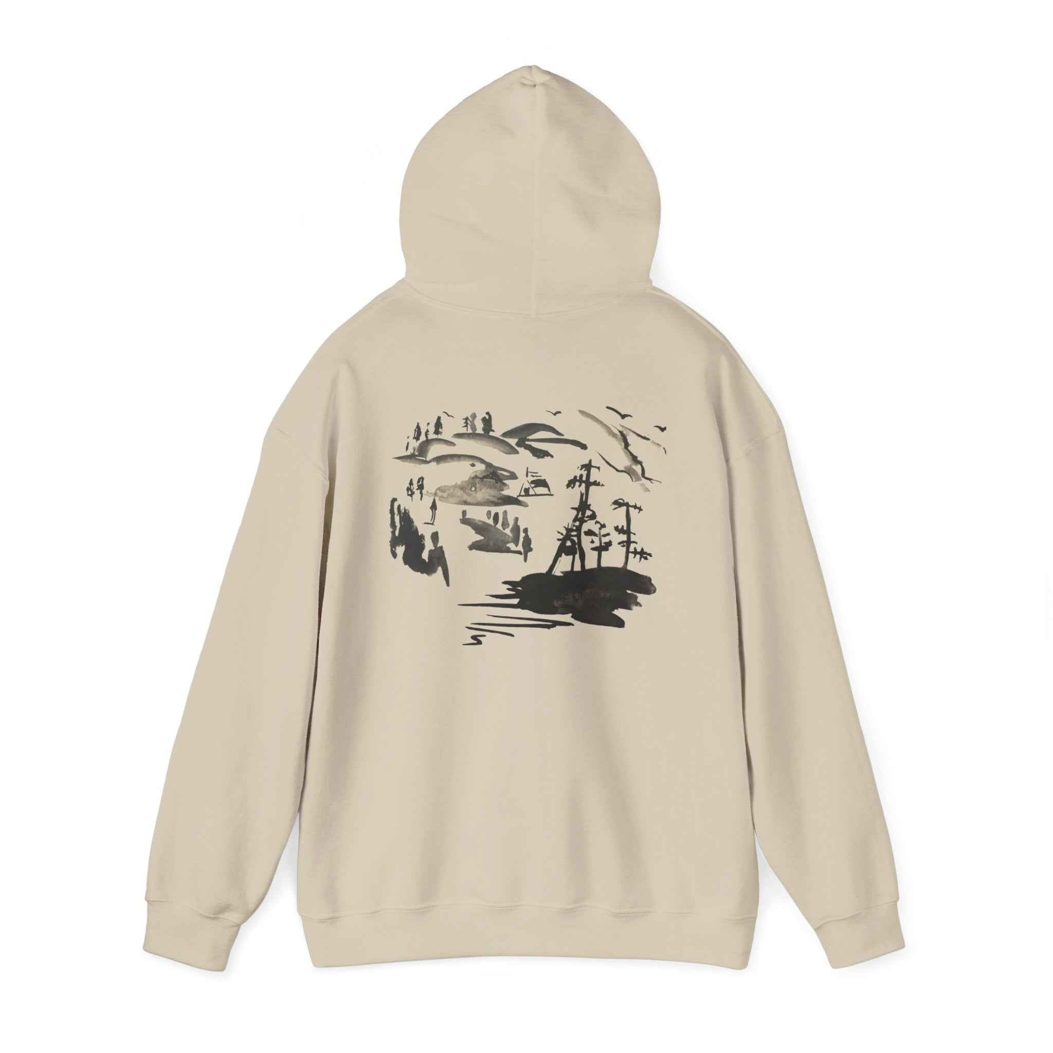 Scenic Ink Nature Hoodie — Minimal Lake & Mountains Graphic