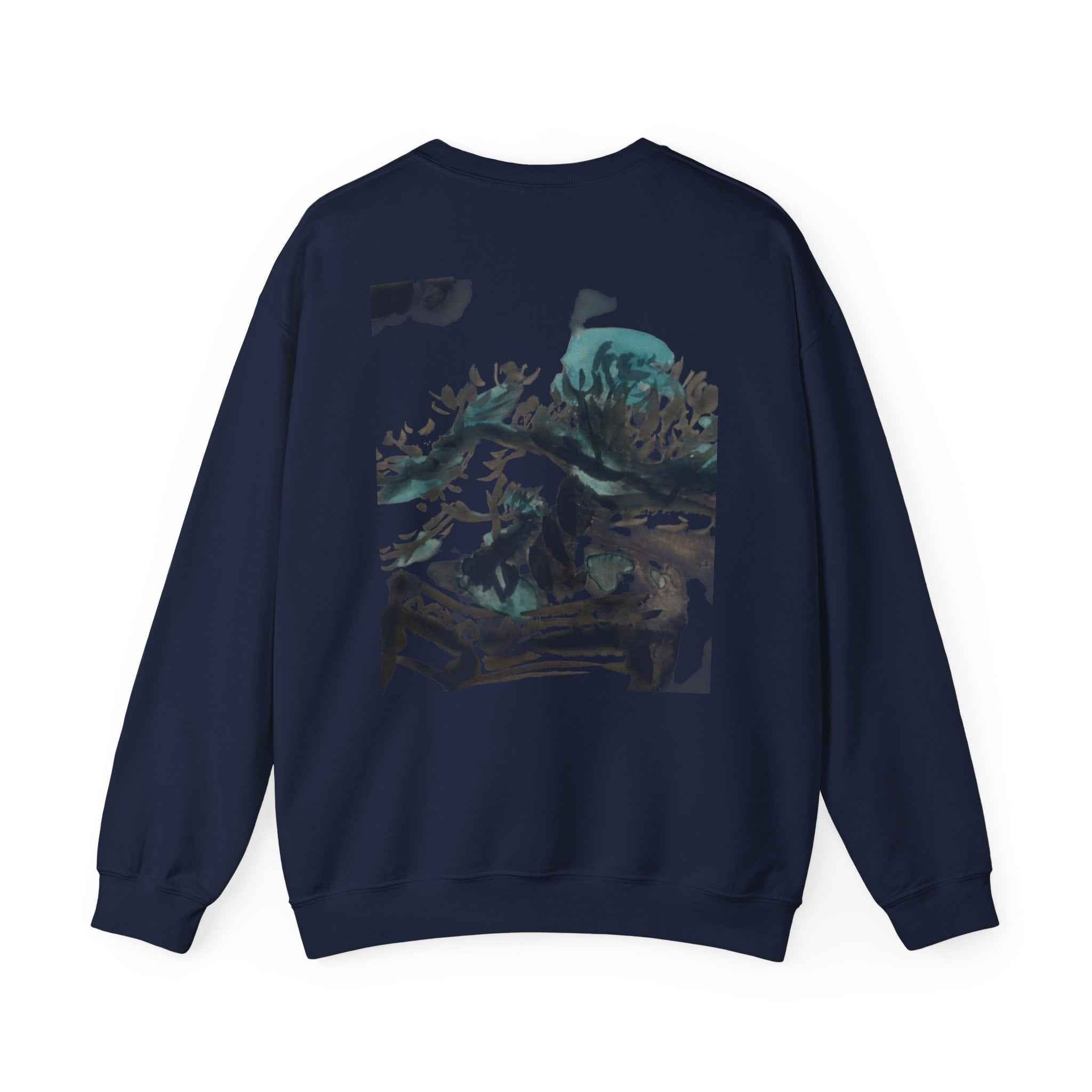 Crewneck Sweatshirt — Abstract Bonsai Ink Art Back Print, Minimal Chest Logo — NL