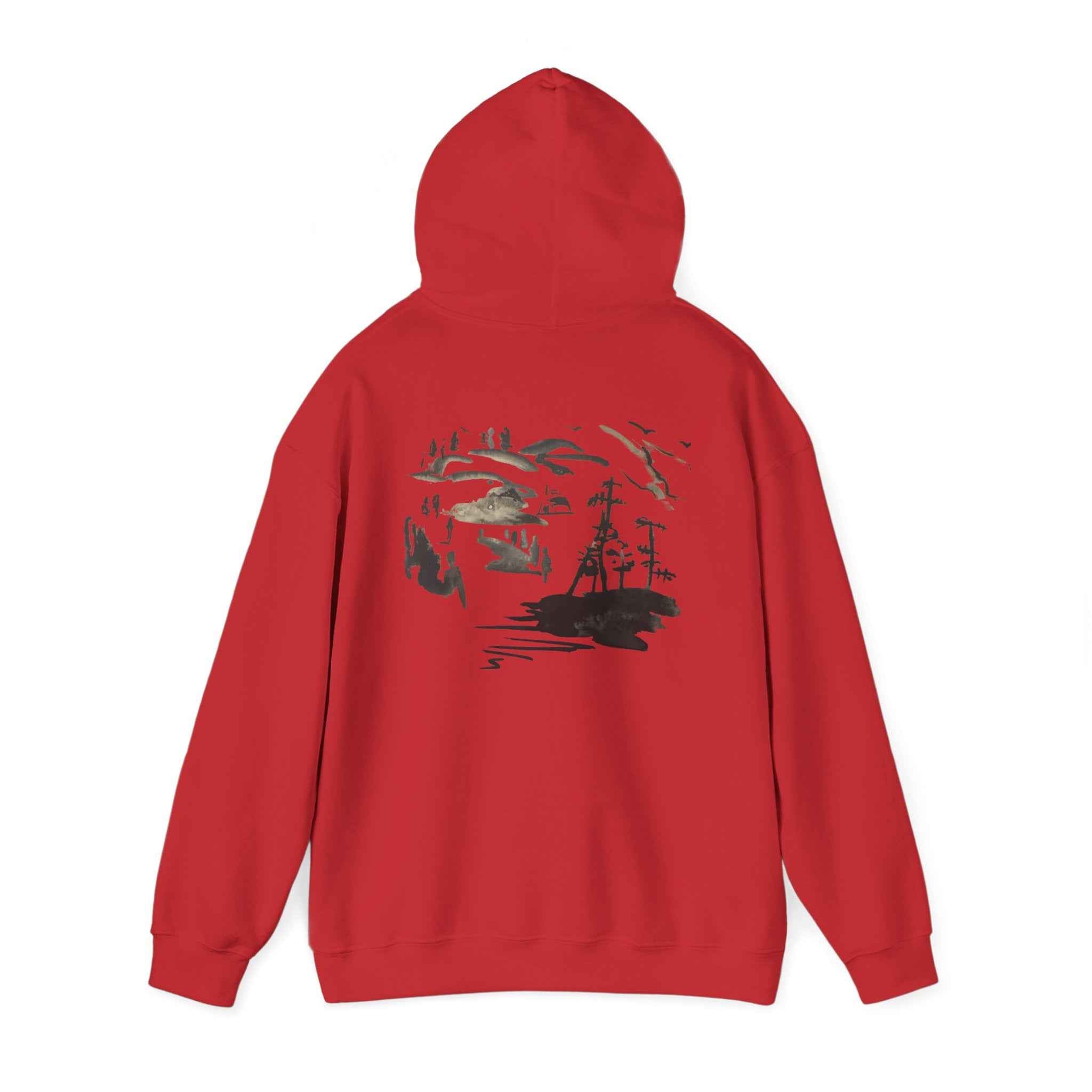 Scenic Ink Nature Hoodie — Minimal Lake & Mountains Graphic