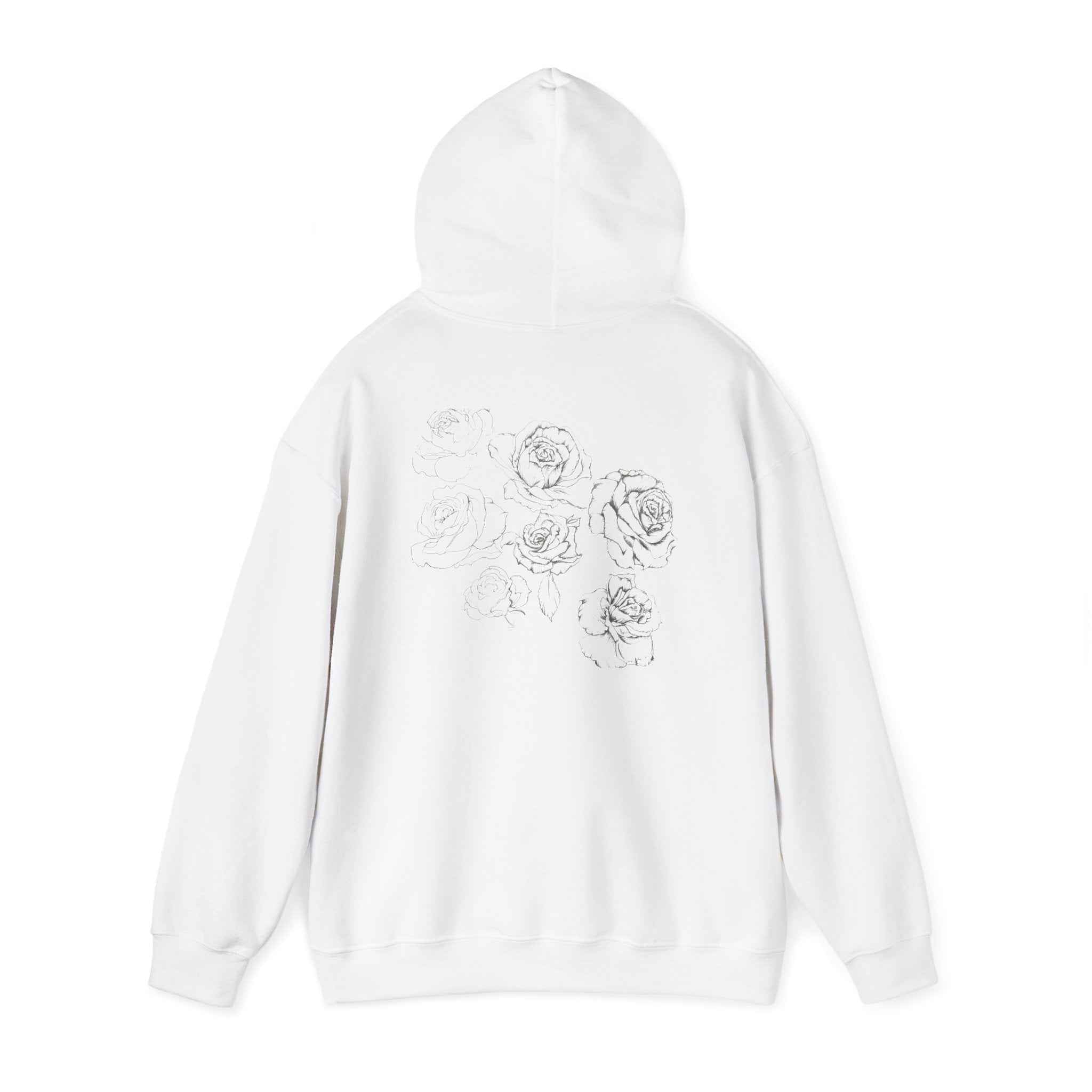 Floral Sketch Hoodie — Minimal Rose Back Print with Chest Logo — NL