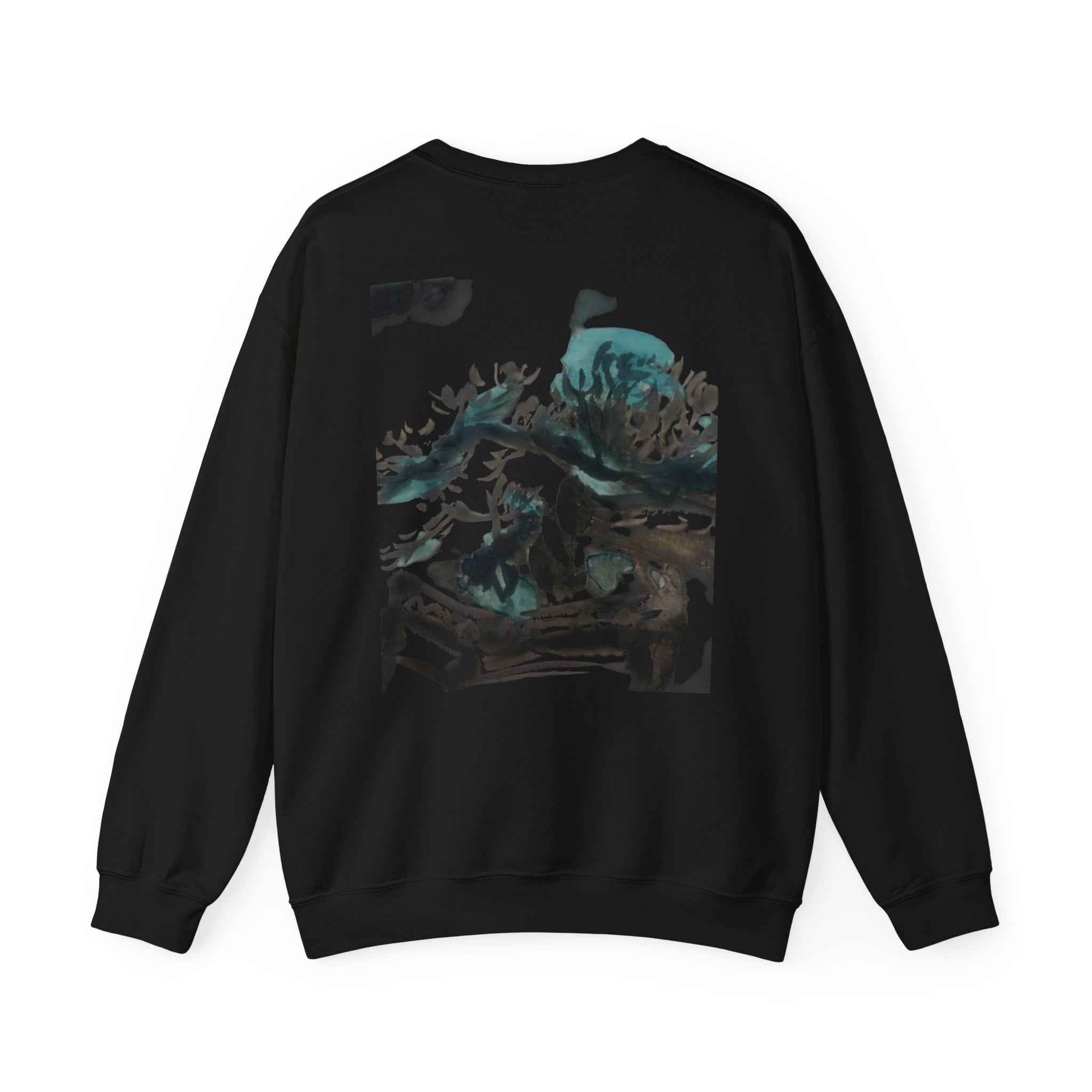 Crewneck Sweatshirt — Abstract Bonsai Ink Art Back Print, Minimal Chest Logo — NL