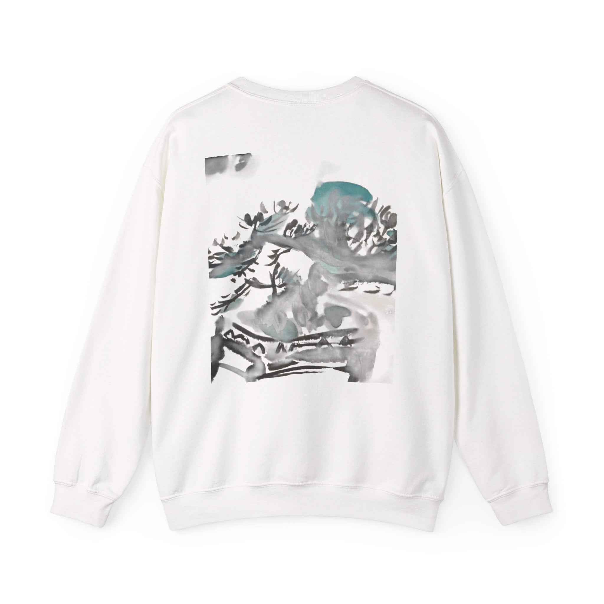 Crewneck Sweatshirt — Abstract Bonsai Ink Art Back Print, Minimal Chest Logo — NL