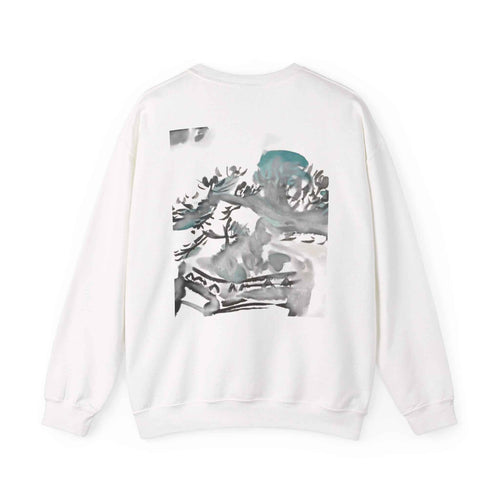 Crewneck Sweatshirt — Abstract Bonsai Ink Art Back Print, Minimal Chest Logo — NL
