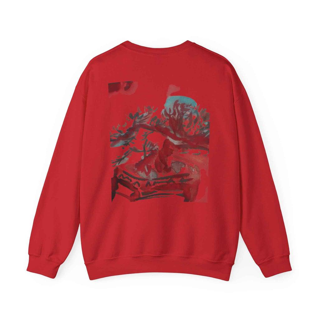 Crewneck Sweatshirt — Abstract Bonsai Ink Art Back Print, Minimal Chest Logo — NL