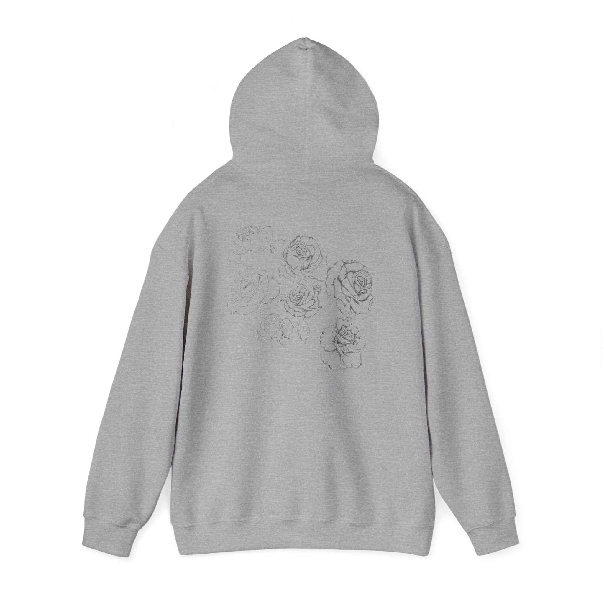 Floral Sketch Hoodie — Minimal Rose Back Print with Chest Logo — NL