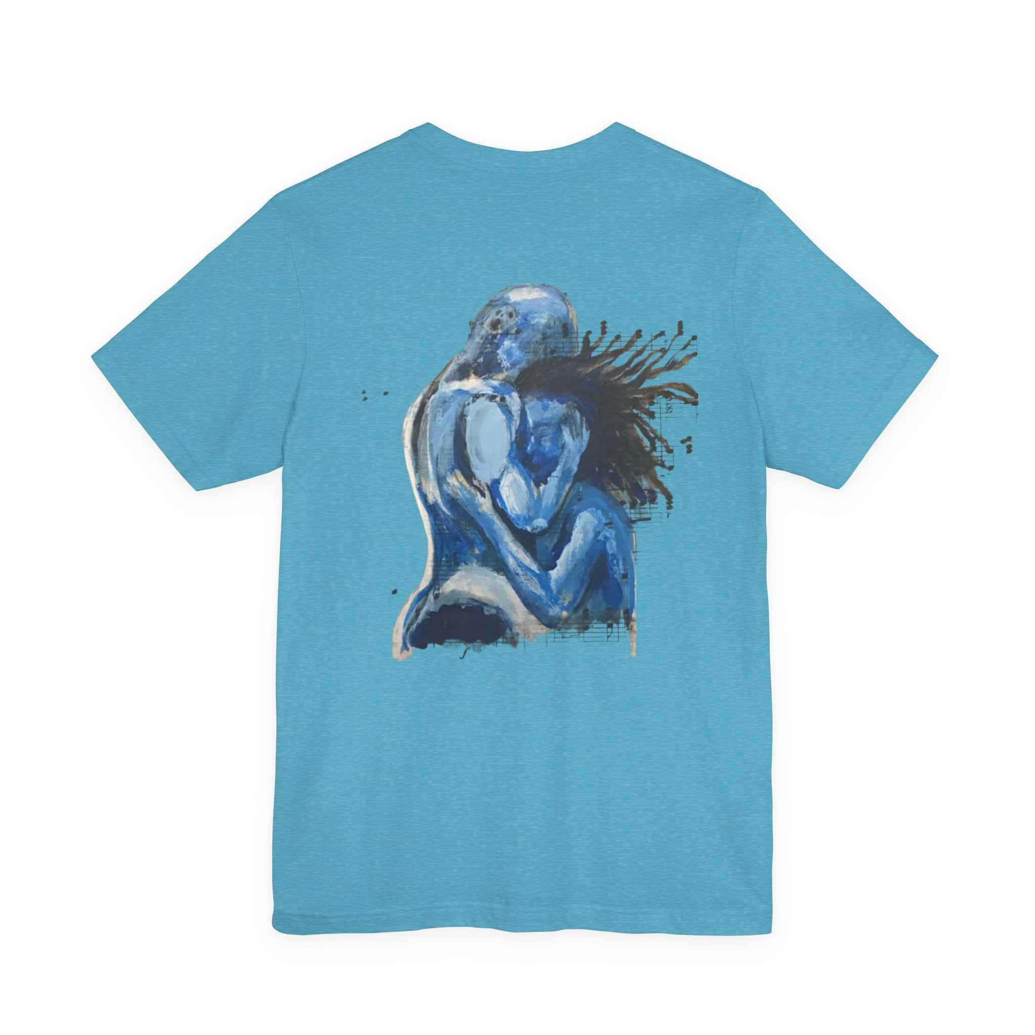 Blue Embrace Art Tee — Emotional Abstract Couple Graphic T-Shirt