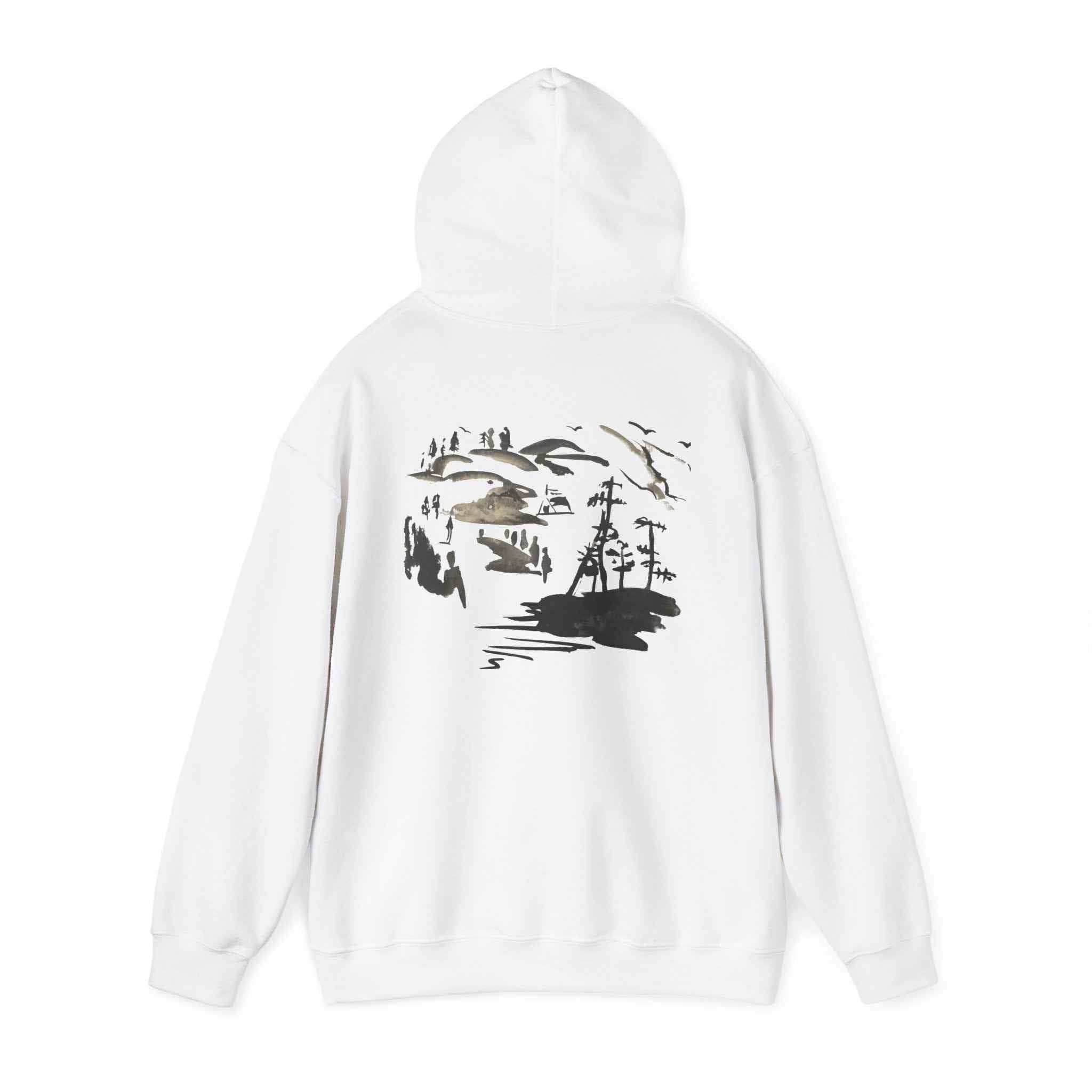 Scenic Ink Nature Hoodie — Minimal Lake & Mountains Graphic