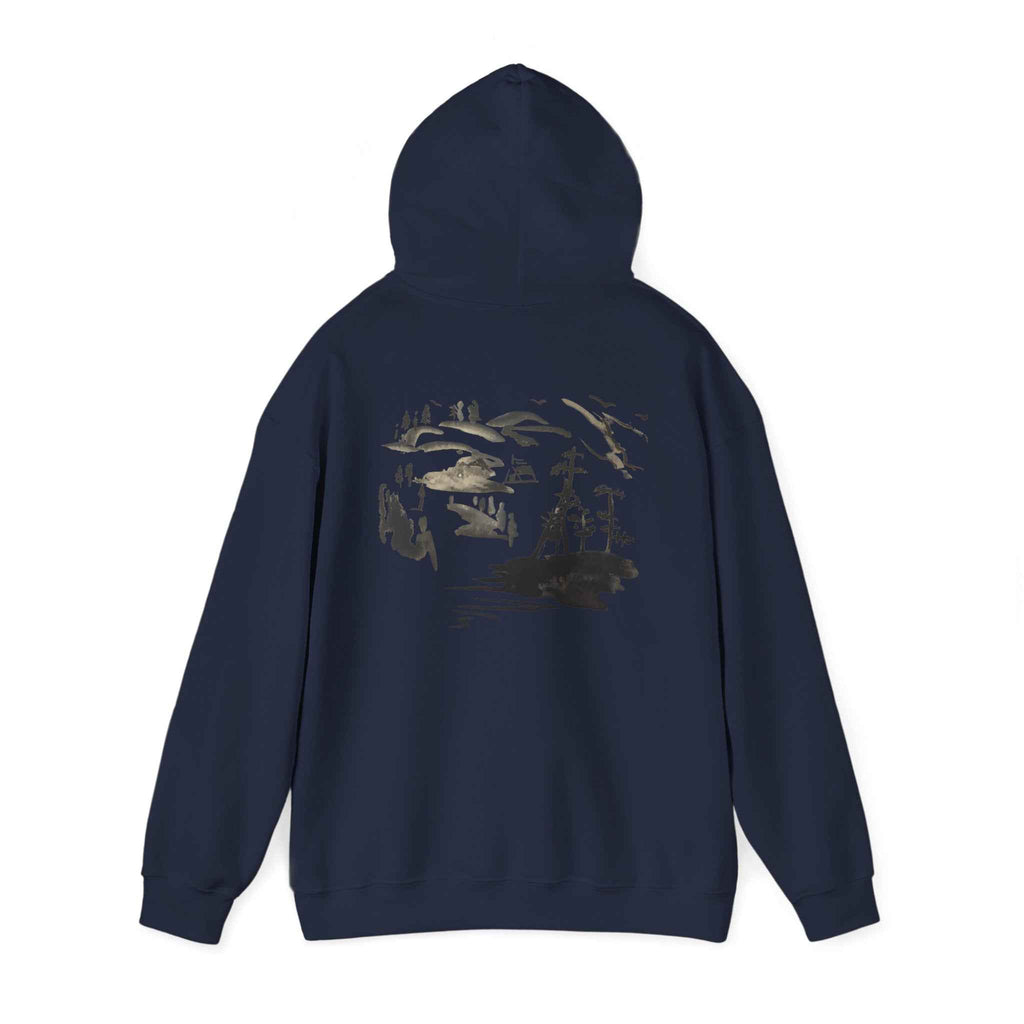 Scenic Ink Nature Hoodie — Minimal Lake & Mountains Graphic