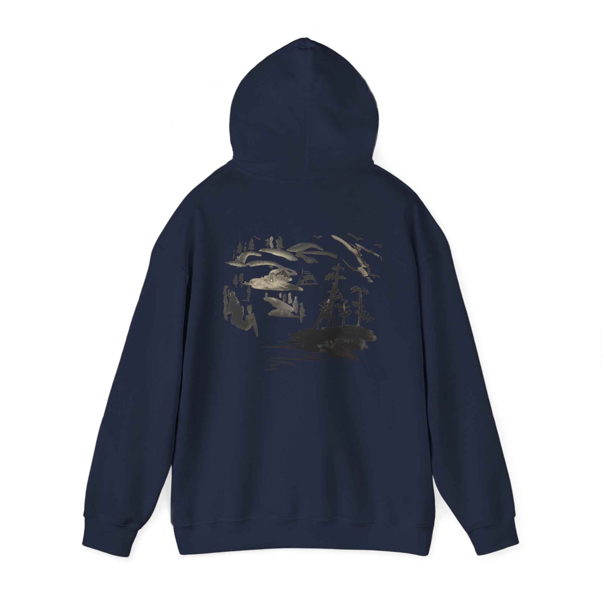 Scenic Ink Nature Hoodie — Minimal Lake & Mountains Graphic