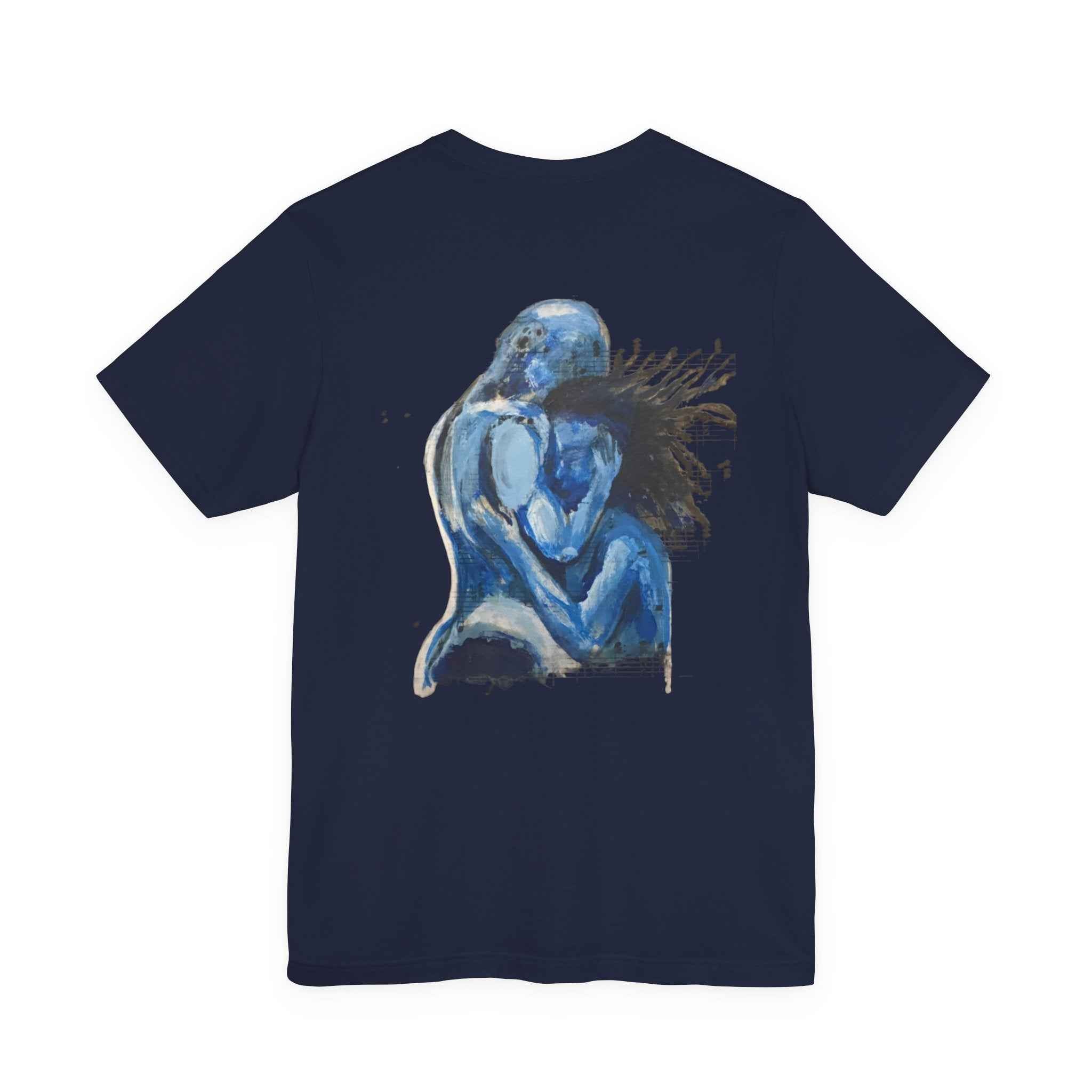 Blue Embrace Art Tee — Emotional Abstract Couple Graphic T-Shirt