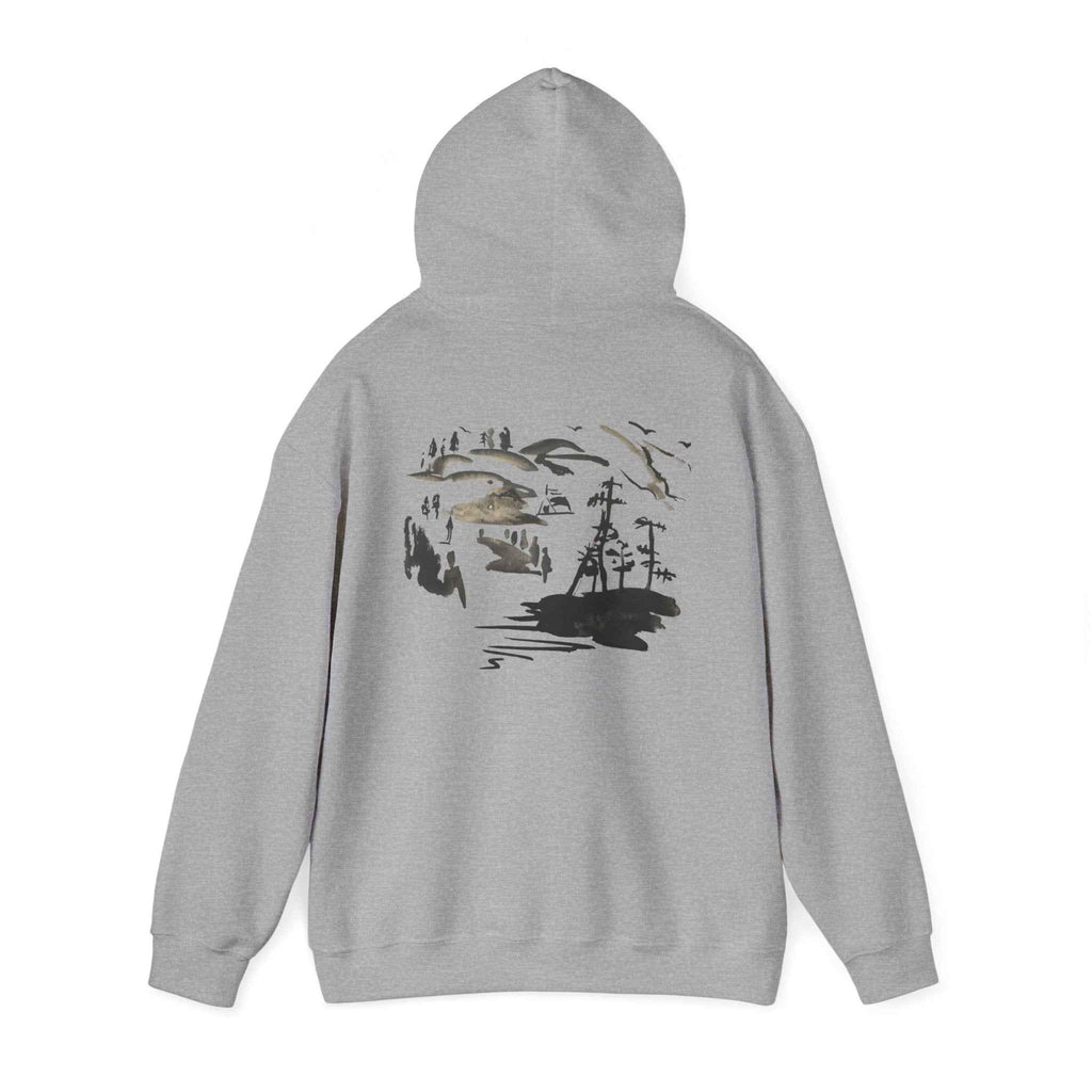 Scenic Ink Nature Hoodie — Minimal Lake & Mountains Graphic