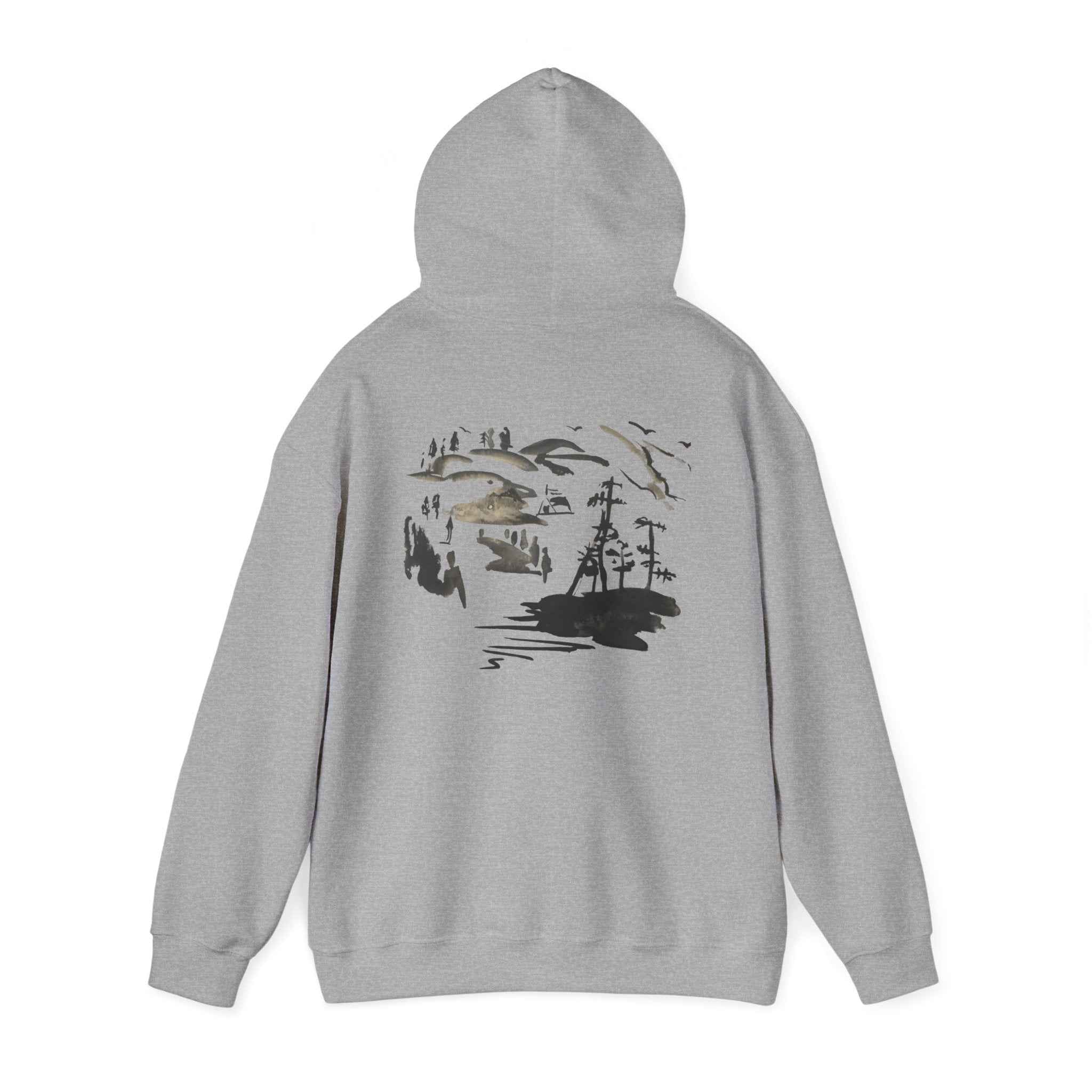 Scenic Ink Nature Hoodie — Minimal Lake & Mountains Graphic