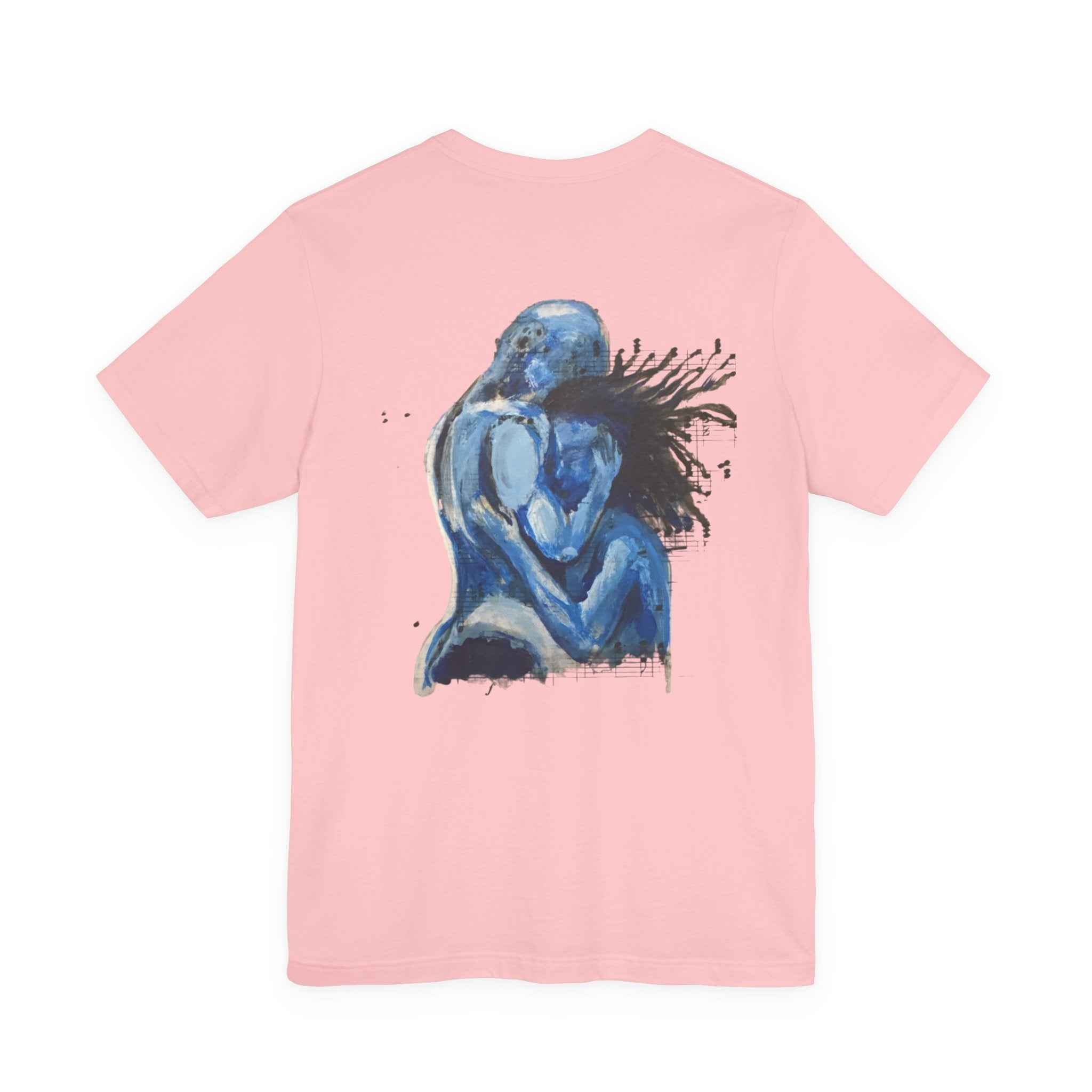 Blue Embrace Art Tee — Emotional Abstract Couple Graphic T-Shirt