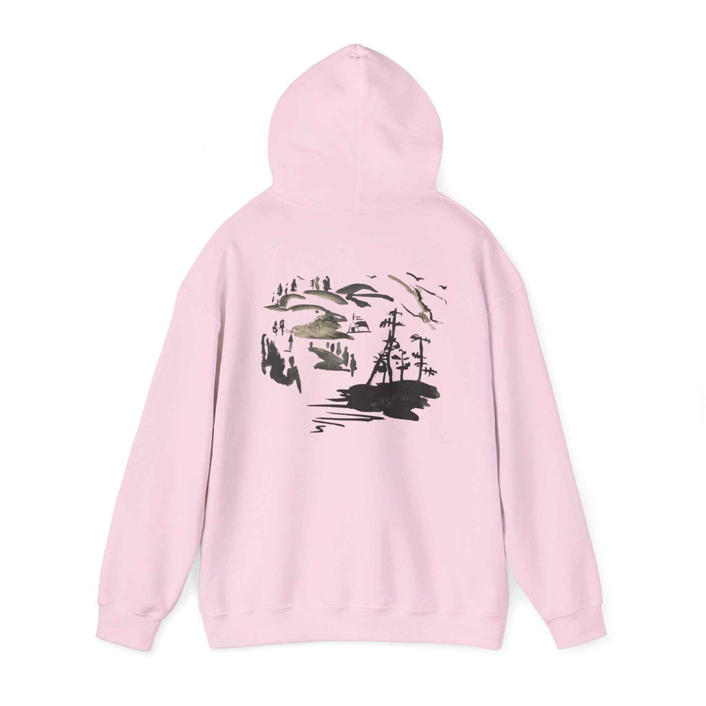 Scenic Ink Nature Hoodie — Minimal Lake & Mountains Graphic