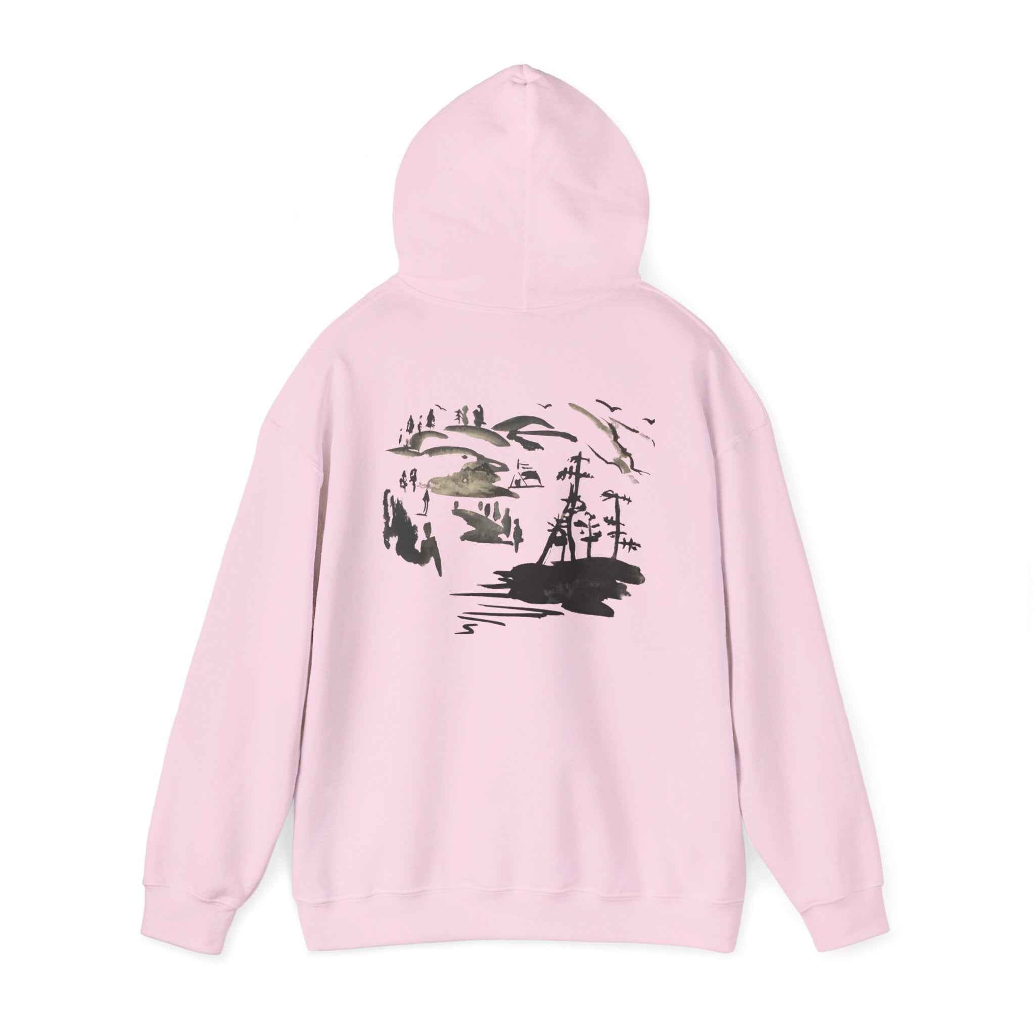 Scenic Ink Nature Hoodie — Minimal Lake & Mountains Graphic