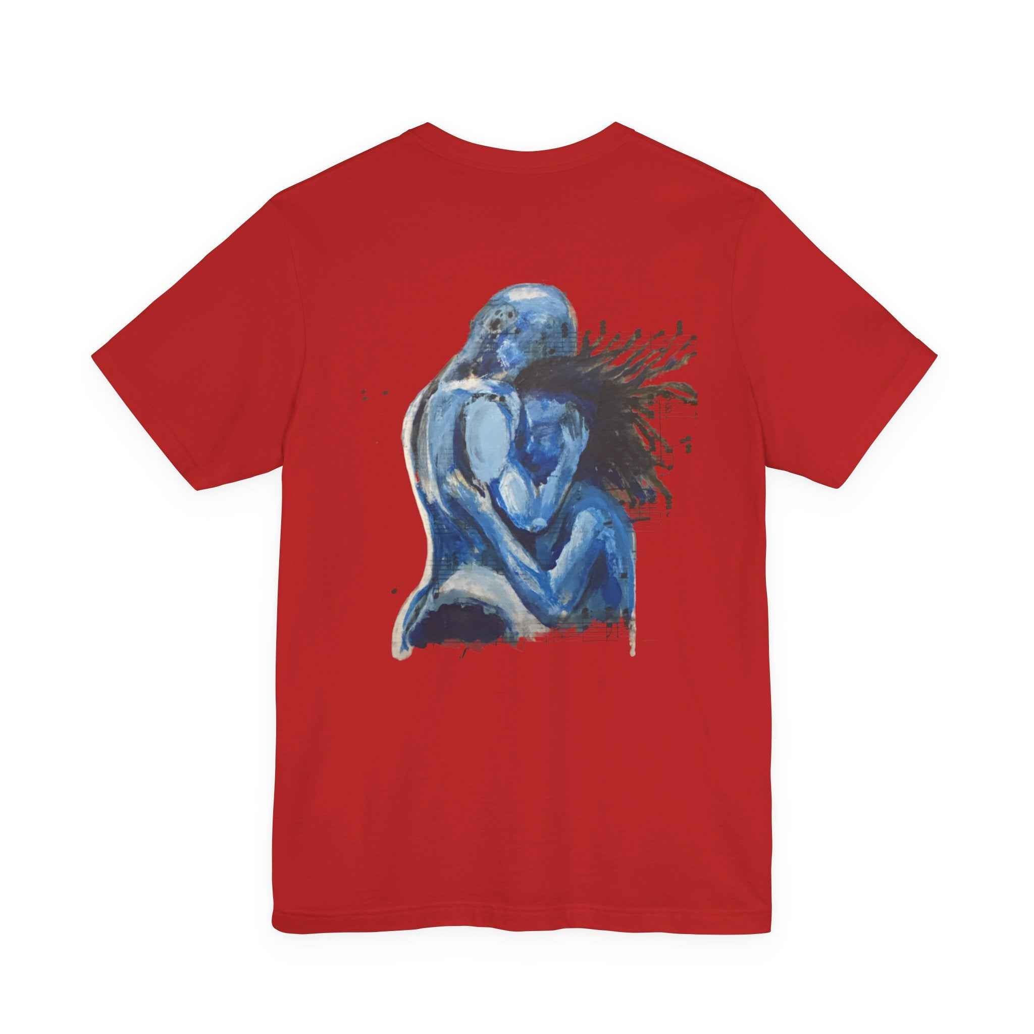 Blue Embrace Art Tee — Emotional Abstract Couple Graphic T-Shirt